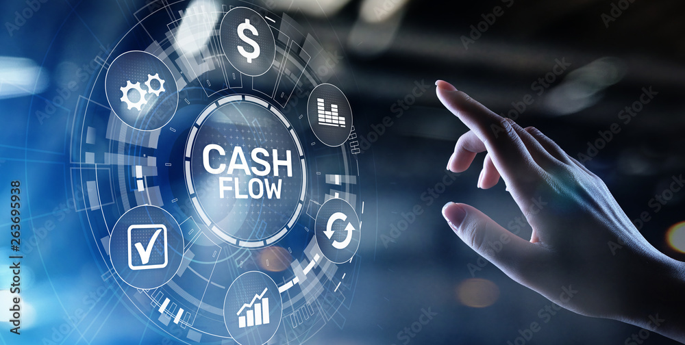 Cash flow button on virtual screen. Business Tehcnology concept. - obrazy, fototapety, plakaty 