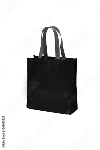 Isolated shot of black canvas tote bag on white background