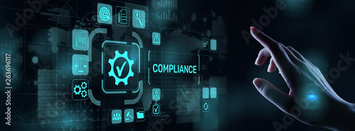 Compliance concept with icons and text. Regulations, law, standards, requirements, audit diagram on virtual screen. photo