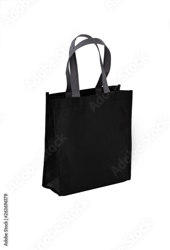 Isolated shot of black canvas tote bag on white background