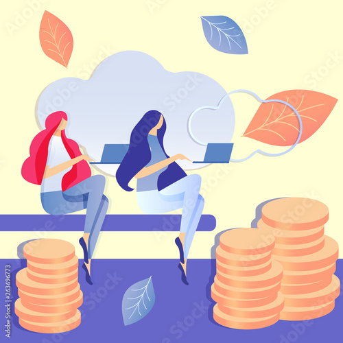 Freelancer Girls at Work Flat Vector Illustration