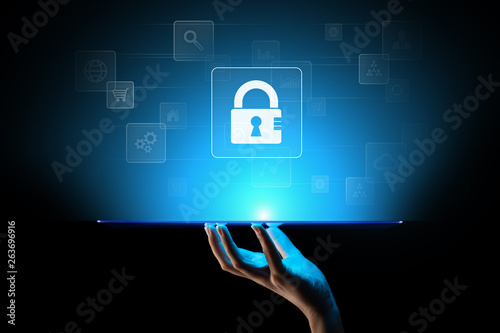 Cyber security, Personal data protection, information privacy. Padlock icon on virtual screen. Internet and technology concept.