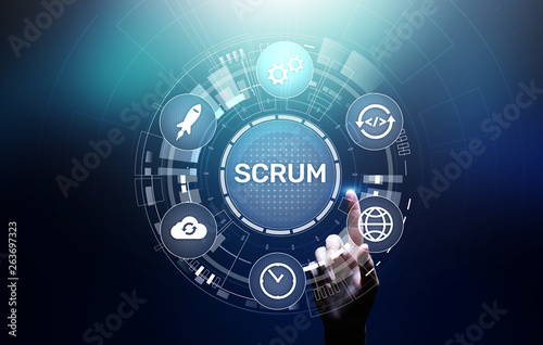 SCRUM, Agile development methodology, programming and application design technology concept on virtual screen. photo
