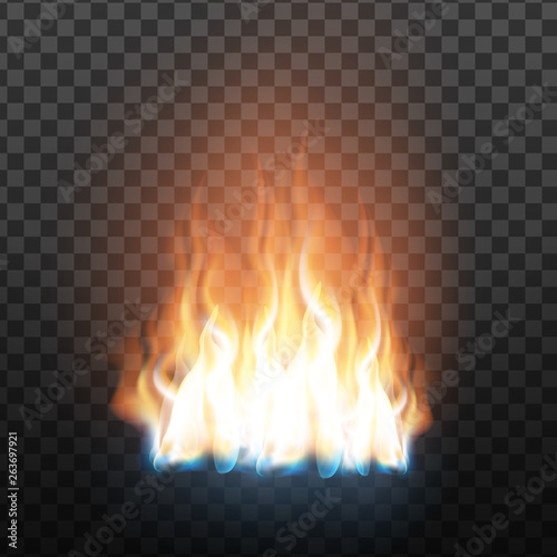 Realistic Decorative Flammable Fire Flame Vector. Animation Heat Overlay Brush, Burning Fire With Glowing Particles Fireball Effect On Transparency Grid Background. 3d Illustration