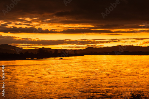 In the morning  the sun rises on the banks of the Mekong River in the Golden Triangle  Chiang Rai  Thailand.