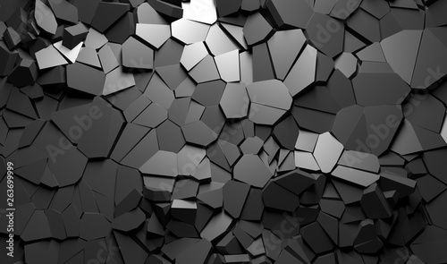 Abstract 3d rendering of cracked surface. Background with broken shape. Wall destruction. Explosion with debris  3D illustration. 