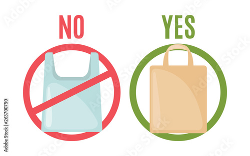 Plastic bag and eco bag in flat style.