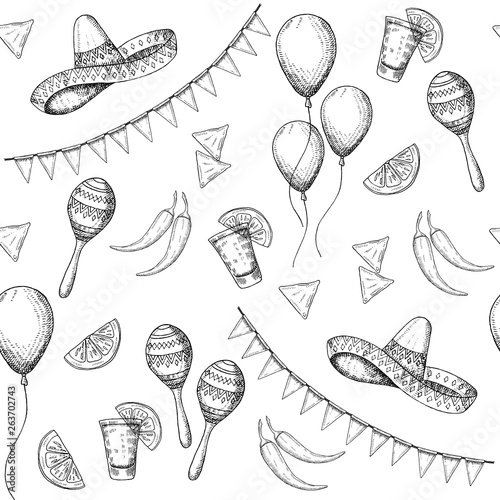 Cinco de Mayo seamless pattern with doodle Hand drawn Mexican symbols- chili pepper, maracas, sombrero, nachos, tequila, balloons, flag garland. Sketch. For wallpaper, web page background