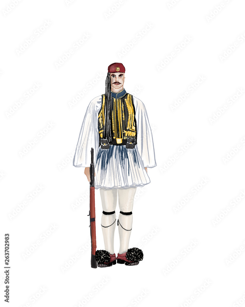 Evzon near greek parliament. Traditional greek uniform.