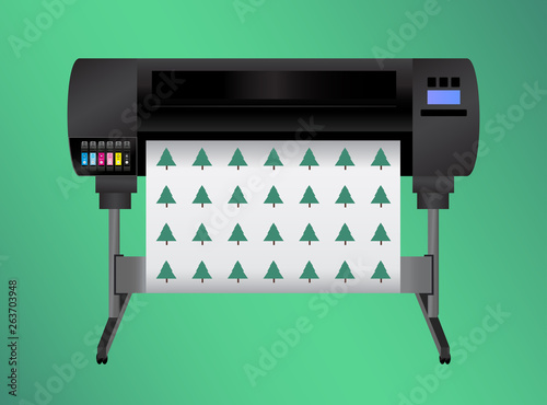 Green eco printing – think before printing. Ecology concept. Large inkjet plotter printer for printing many products – billboards, posters and roll-ups with process and light inks isolated on green.