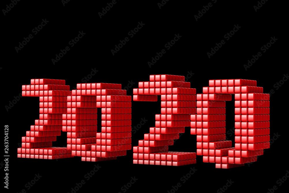 Concept of 2020 New Year text, made from cubes or pixels, or texels isolated on black background. 3D Render