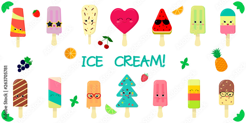 A set of fourteen cute kawaii character smile ice cream, with fruit and chocolate flavor on a stick, juicy fruits and berries on a white background and text. Flat style vector illustration A set of fourteen cute kawaii character smile ice cream, with fruit and chocolate flavor on a stick, juicy fruits and berries on a white background and text. Flat style vector illustration