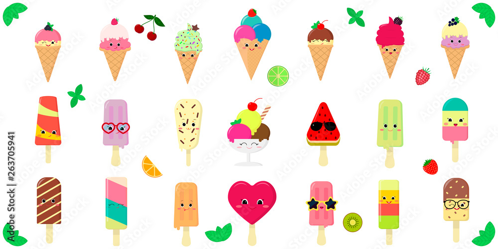 Mega set of twenty one cute kawaii character smile ice cream, in a waffle cup and on a stick, juicy fruits and berries on a white background and text. Flat style vector illustration