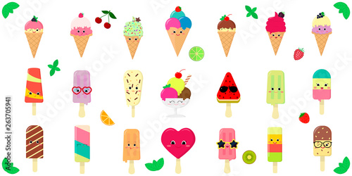 Mega set of twenty one cute kawaii character smile ice cream, in a waffle cup and on a stick, juicy fruits and berries on a white background and text. Flat style vector illustration