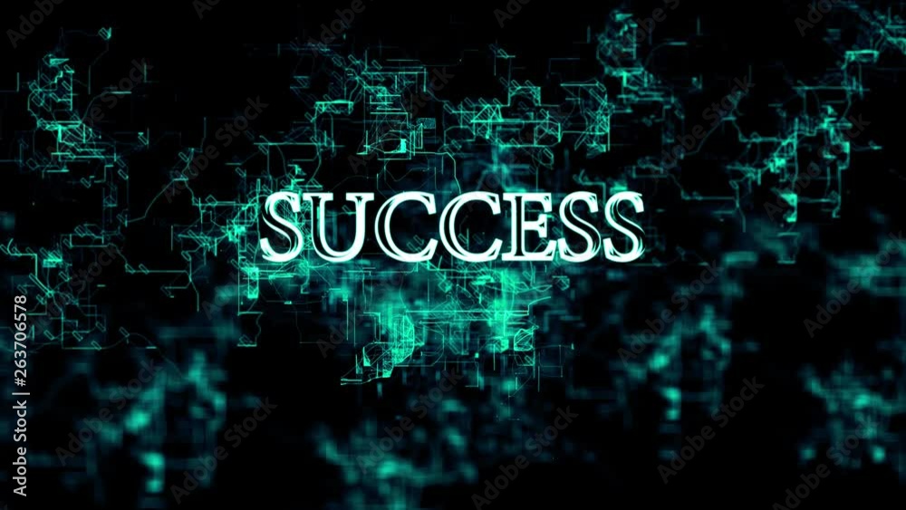 Animation of flashing digital network with appearing 'Success' text. Blue wires and letters on black background Animation of flashing digital network with appearing 'Success' text. Blue wires and letters on black background