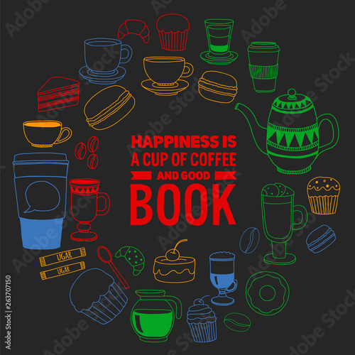 Coffee menu. Vector pattern with cappuccino, espresso. Kitchen, cooking, beverages.