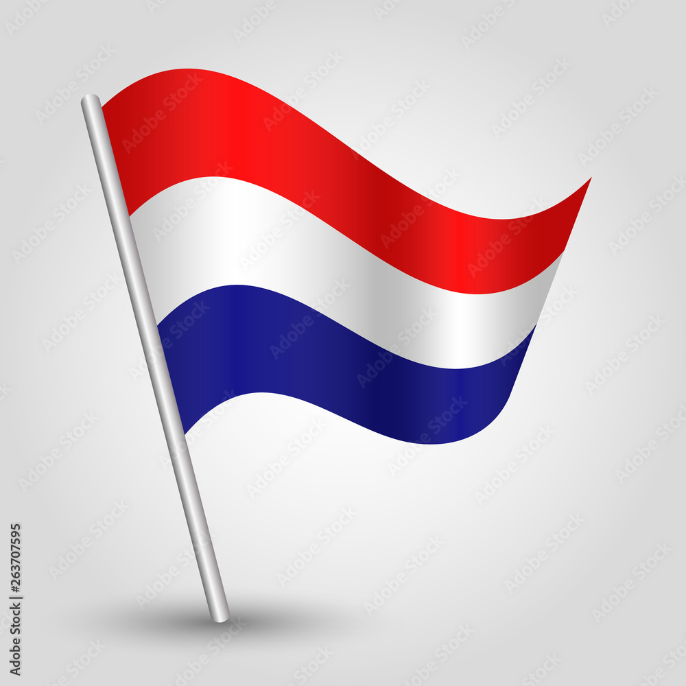 vector waving simple triangle dutch flag on slanted silver pole - symbol of netherlands with metal stick vector waving simple triangle dutch flag on slanted silver pole - symbol of netherlands with metal stick