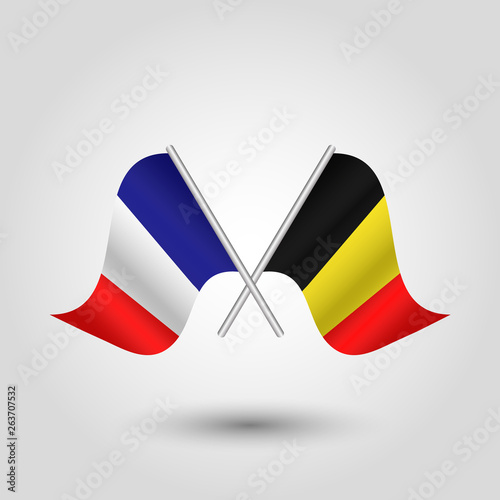 vector two crossed french and belgian flags on silver sticks - symbol of france and belgium