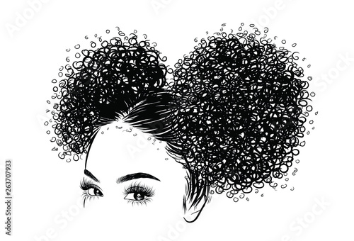 Curly beauty girl illustration isolated on clear background. Double buns with long hair. Hand draw idea for business cards, templates, web, brochure, posters, postcards, salon