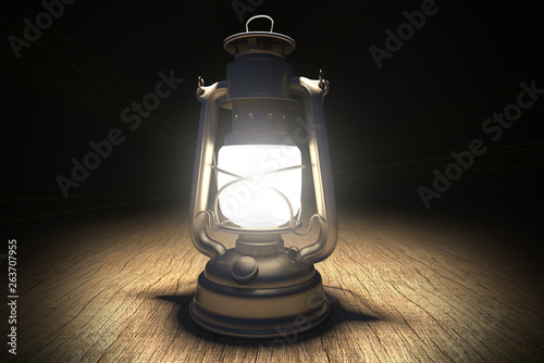 3D rendering of a camping lantern on a wood table at night