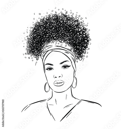 Curly beauty girl illustration isolated on clear background. Double buns with long hair. Hand draw idea for business cards, templates, web, brochure, posters, postcards, salon
