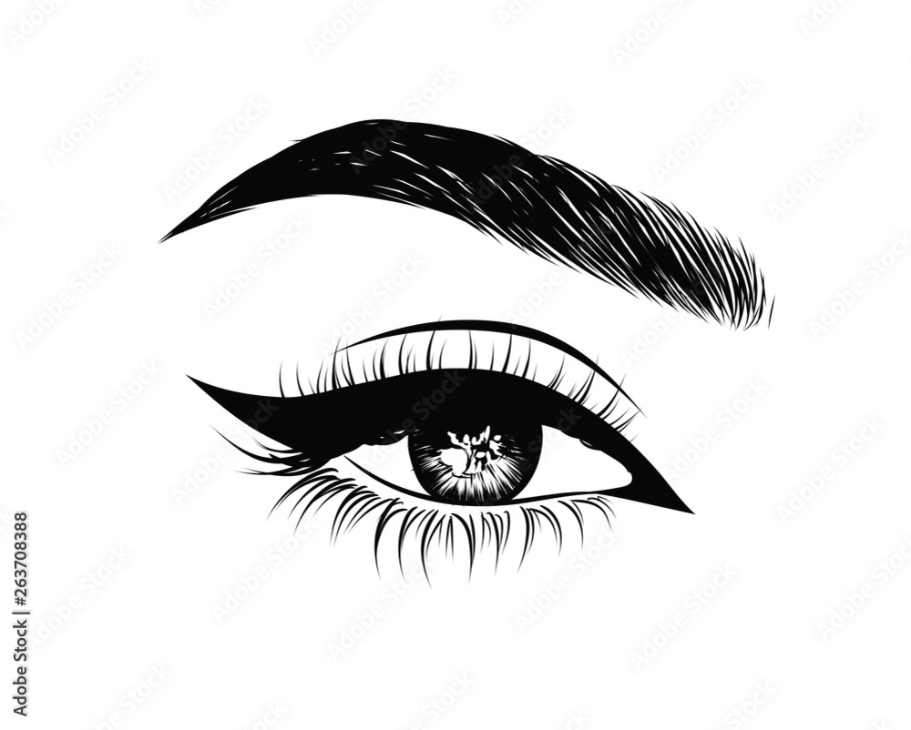Abstract fashion illustration of the eye with creative makeup. Hand drawn vector idea for business visit cards, templates, web, salon banners,brochures. Natural eyebrows and glam eyelashes Abstract fashion illustration of the eye with creative makeup. Hand drawn vector idea for business visit cards, templates, web, salon banners,brochures. Natural eyebrows and glam eyelashes