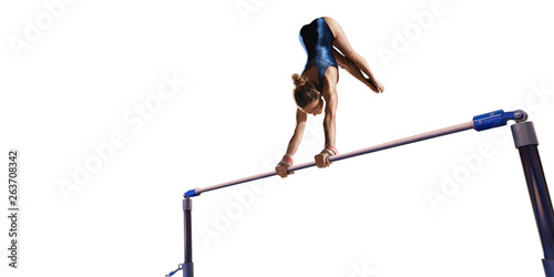 Female athlete doing a complicated exciting trick on horizontal gymnastics bars on white background. Isolated Girl perform stunt in bright sports clothes
