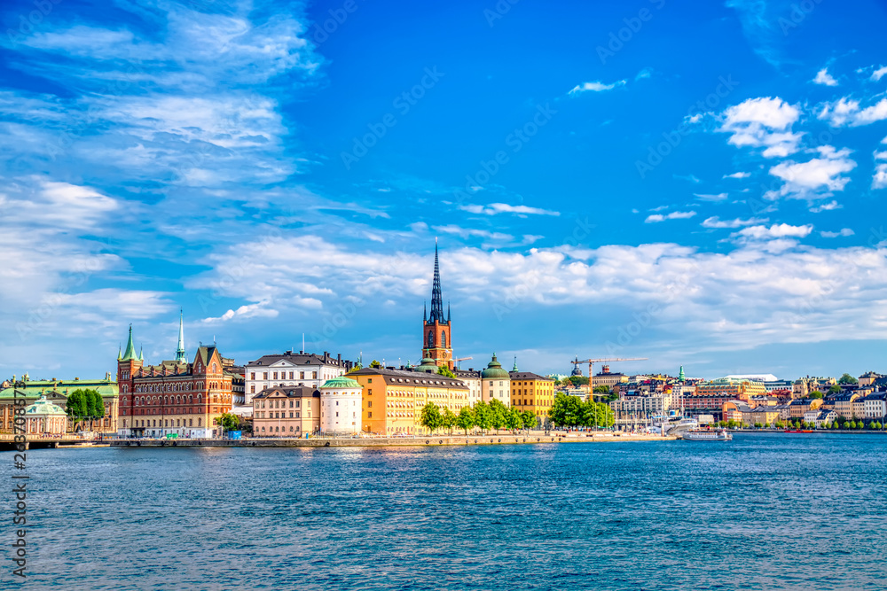 Beautiful panoramic view of Stockholm Old town Gamla Stan. Summer sunny day in Stockholm, Sweden.