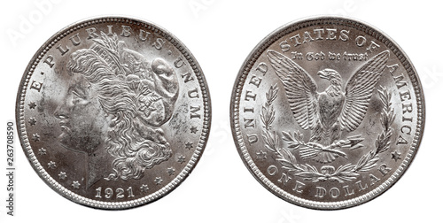 US Morgan Silver Dollar coin minted 1921, isolated on white
