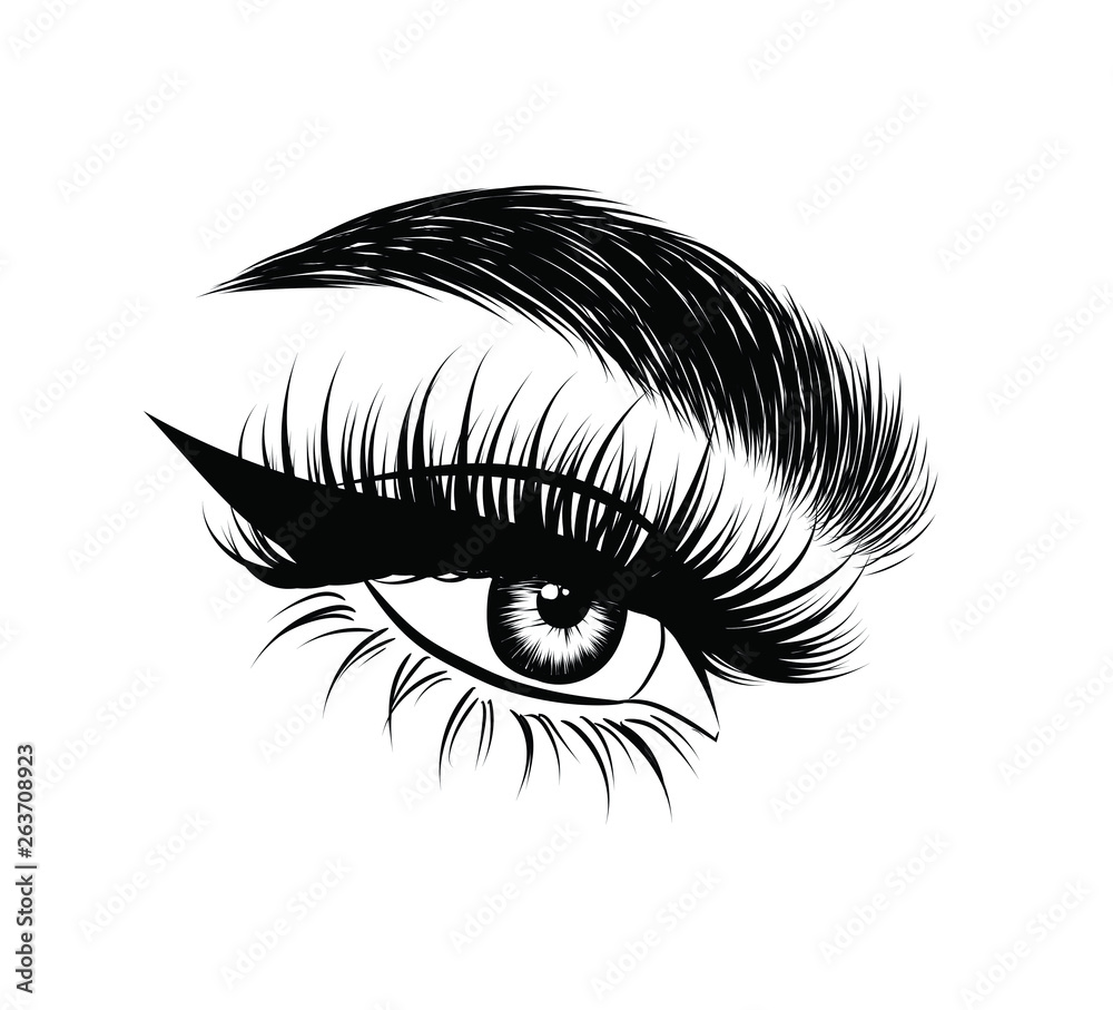 Abstract fashion illustration of the eye with creative makeup. Hand drawn vector idea for business visit cards, templates, web, salon banners,brochures. Natural eyebrows and glam eyelashes