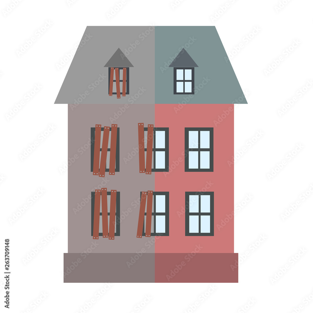 Old run-down home. Renovation building House before and after repair vector illustration. Old run-down home. Renovation building House before and after repair vector illustration.