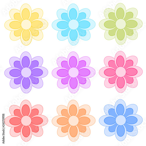 Set of colorful flowers  isolated vector elements on the white background  flat style  floral objects for greeting card  pattern  banner  packaging  print and other