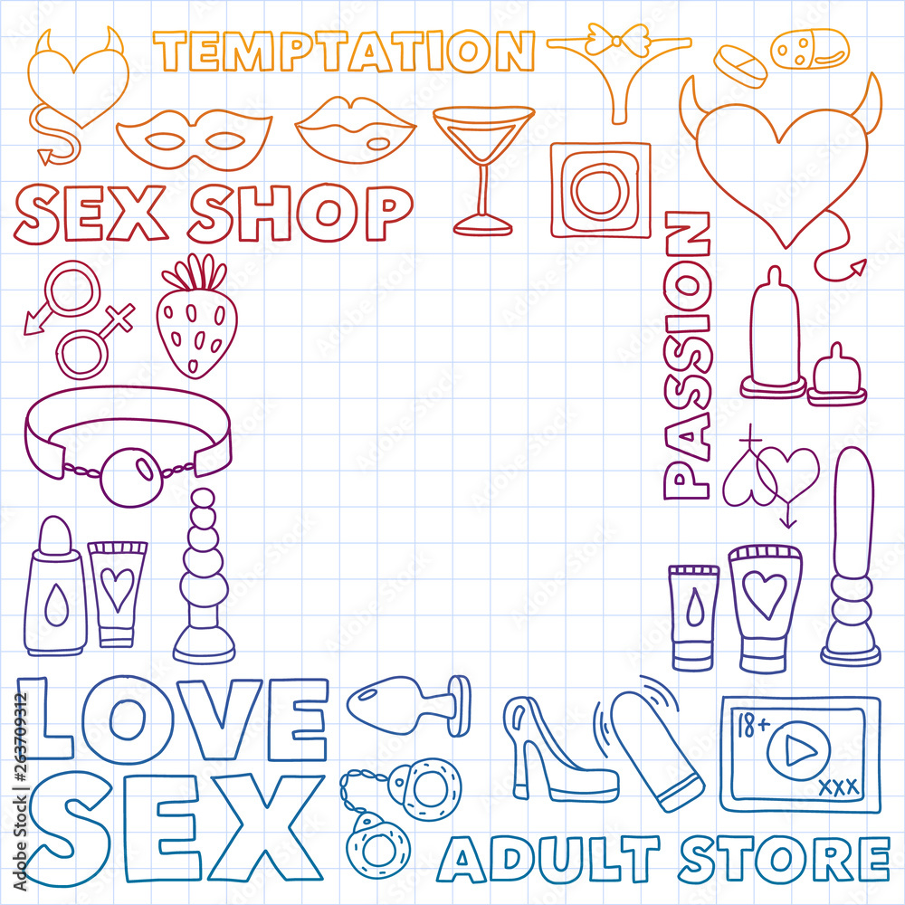 Vector set with sex shop icons. Erotic fetish games background.