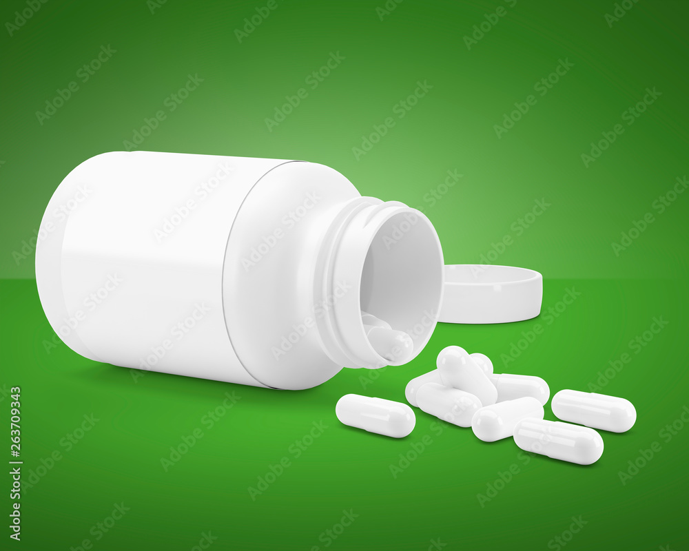 3D White can with vitamins. Bottle with white pills. 3d render. 3D image. 3D model 3D White can with vitamins. Bottle with white pills. 3d render. 3D image. 3D model