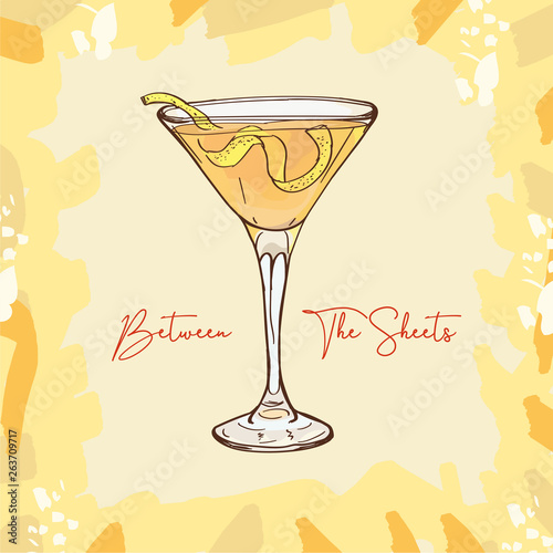BETWEEN THE SHEETS, low-alcohol, Light rum and brandy, orange liqueur and lemon Contemporary classic cocktail illustration. Alcoholic bar drink hand drawn vector. Isolated sketch style menu item.