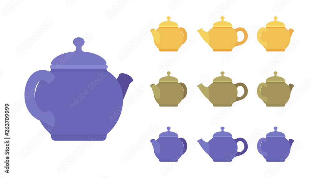 Teapot set, kitchen appliance. Elegant kettle, container to boil liquid or brew tea, traditional design. Vector flat style cartoon illustration isolated on white background, different views and colors Teapot set, kitchen appliance. Elegant kettle, container to boil liquid or brew tea, traditional design. Vector flat style cartoon illustration isolated on white background, different views and colors