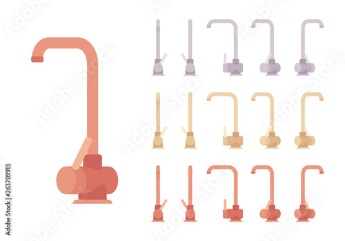 Water mixer set. Kitchen or bathroom valve controlling release of a hot and cold liquid, sink faucet. Vector flat style cartoon illustration isolated on white background, different views, colors