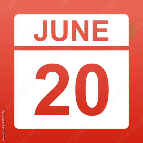 June 20. White calendar on a colored background. Day on the calendar. Red background with gradient. Simple vector illustration.