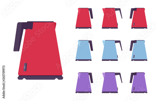 Electric kettle set, kitchen appliance. Teakettle, pot for boiling water, device to make hot drink. Vector flat style cartoon illustration isolated on white background, different views and colors