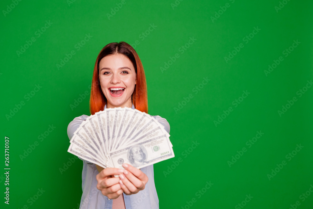 Portrait of funny charming youngster people get lottery luck lucky feel content candid long-haired beautiful stylish wear jeans clothes isolated on green background Portrait of funny charming youngster people get lottery luck lucky feel content candid long-haired beautiful stylish wear jeans clothes isolated on green background