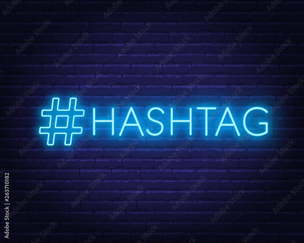 Obraz premium Neon hashtag sign on brick wall background. Vector illustration.