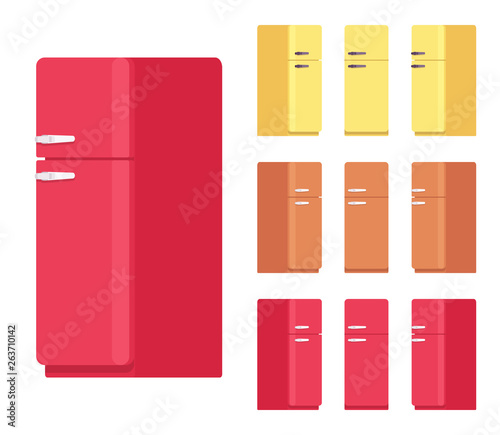 Retro fridge set, kitchen equipment. Refrigerator to keep cool, appliance to store food and drink fresh. Vector flat style cartoon illustration isolated on white background, different views and colors
