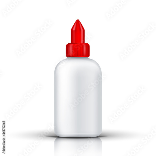 Realistic White Container Of Glue Or Liquid Vector. Mockup Of Packing Container With Red Top And Shadow. Blank Bottle Without Label. Gluely Gel For Fixing. Isolated 3d Illustration