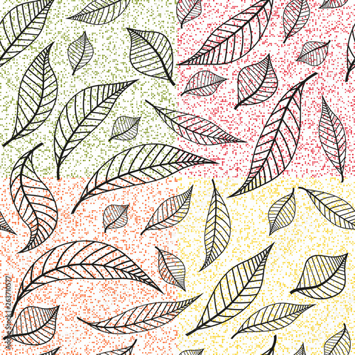 Seamless autumn pattern with colorful polka dot and black leaves