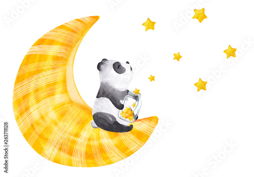 Little panda sitting on the moon. Cute watercolor illustration 