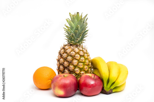 various fruits on a table on a white background
