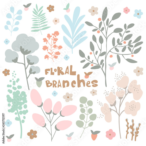 Set of floral doodle elements. Branches illustration made of flowers and herbs. Vector decorative leaves and spring elements.