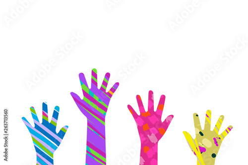 Four arms textured in different colors hand drawn on white font