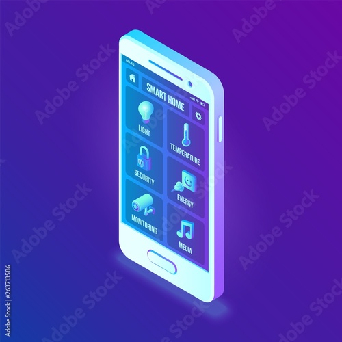 Smart home technology 3D isometric interface on smartphone app screen. Remote home control system on smartphone. User interface of smart home concept. Internet of things, IOT. Vector illustration.