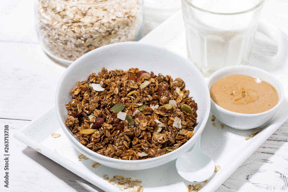 homemade chocolate granola, peanut butter and milk homemade chocolate granola, peanut butter and milk